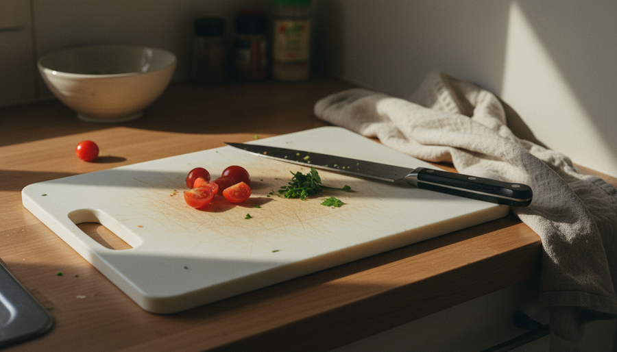 A scratched plastic cutting board with chopped tomatoes and a kitchen knife on a lived-in kitchen counter. Kopiuj